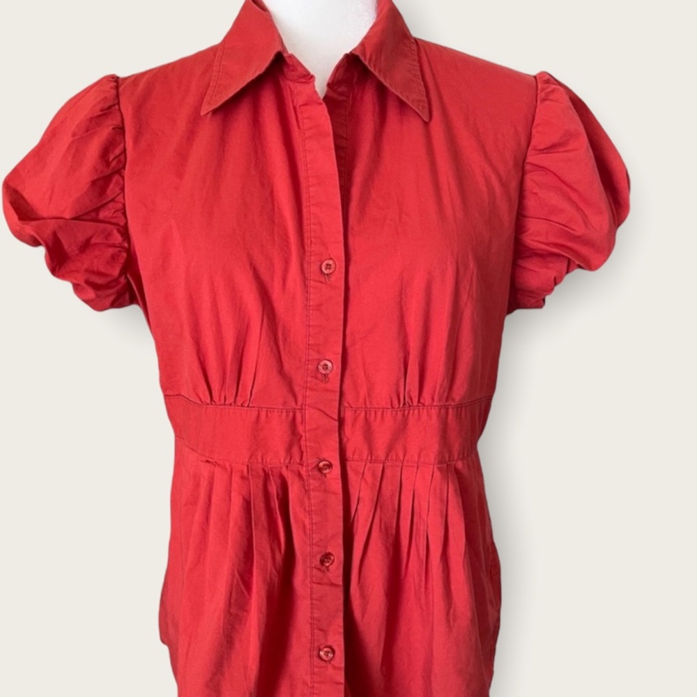 Worthington Petite Orange Button Down Blouson Gathered Sleeve Flare Waist 14P